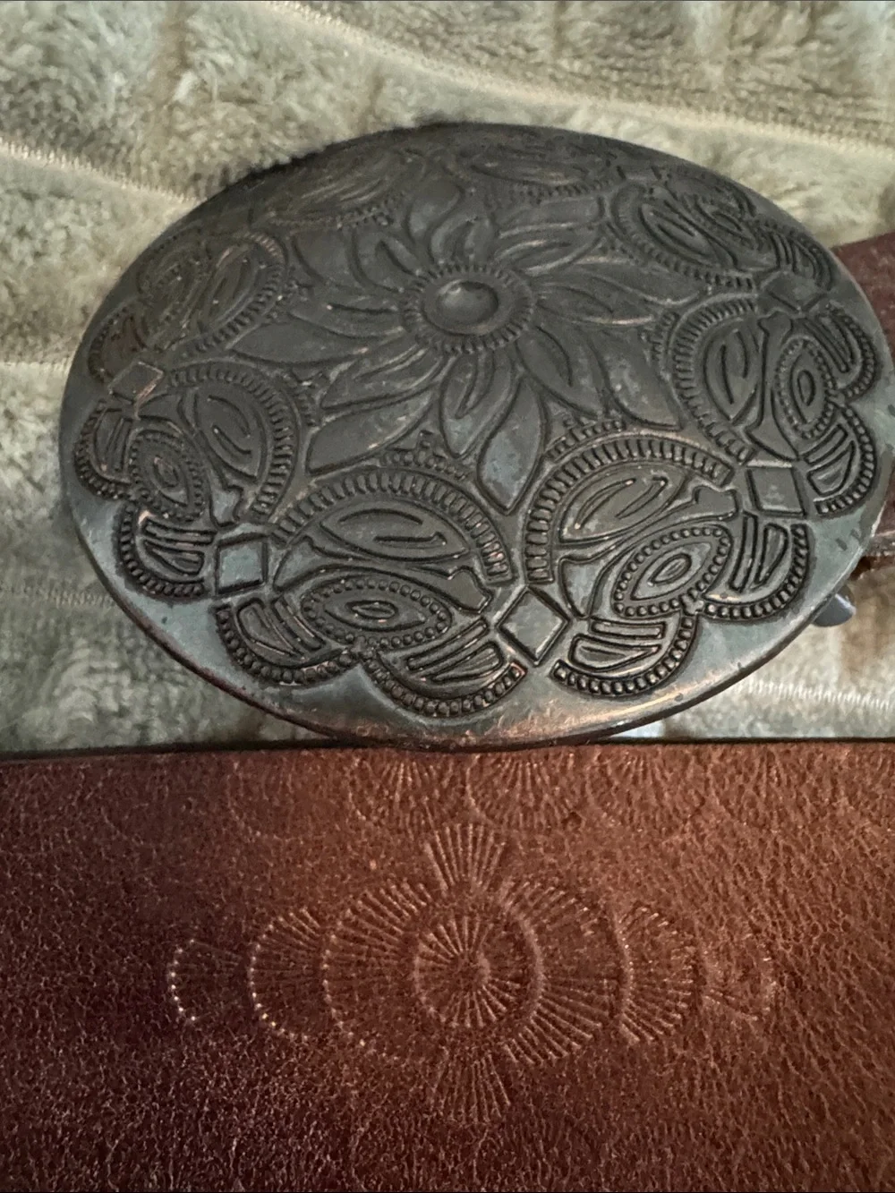 Banana Republic Brown Leather Belt with Decorative Black Floral Buckle